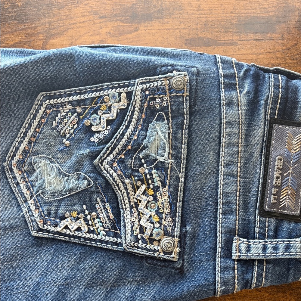 Grace in LA Women's Blue Embellished Boot Cut Jeans